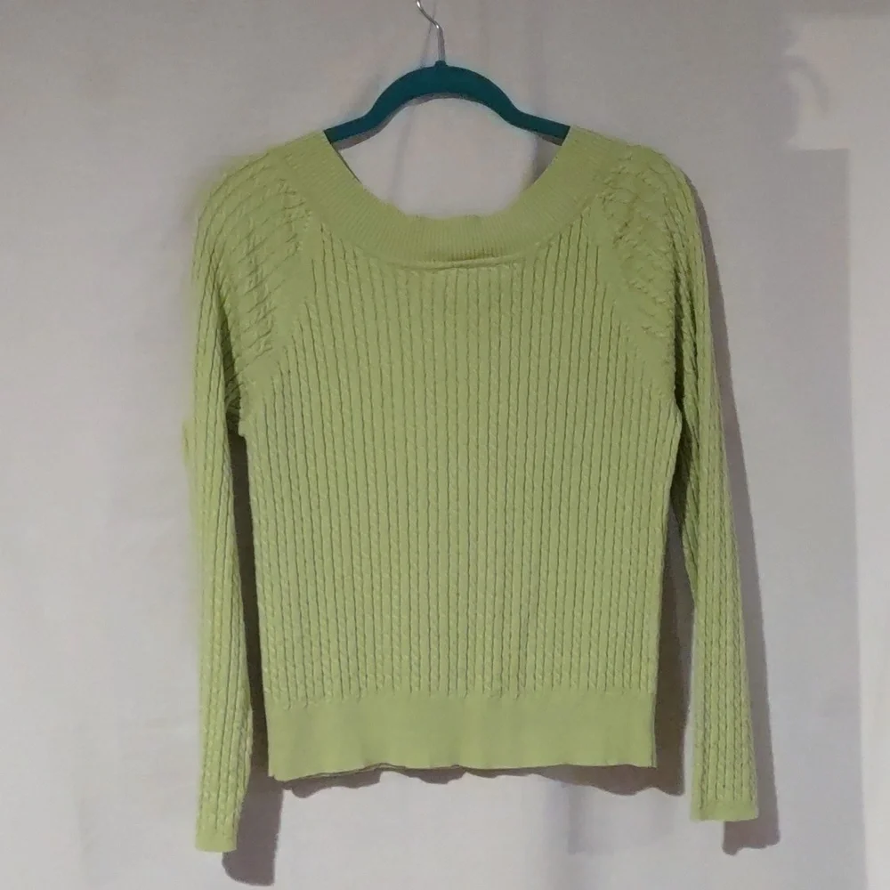 TALBOTS Light Lime Green V-Neck Cable Knit Sweater Petite Size
